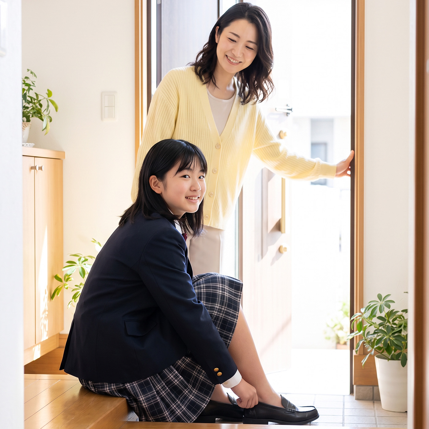 登校できた朝の親子