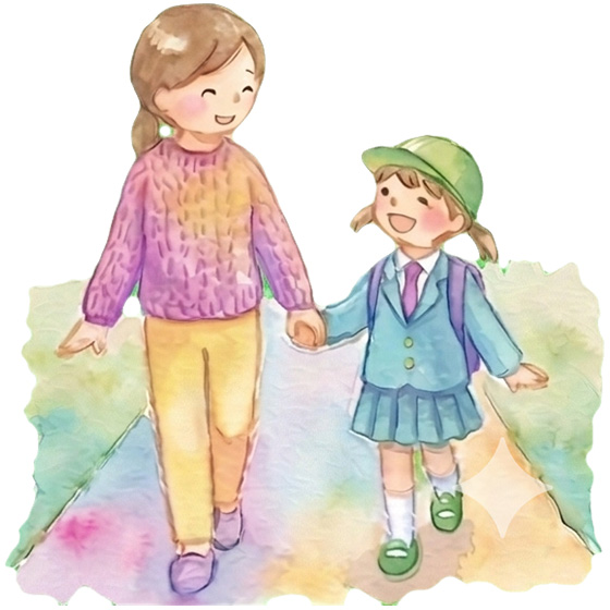 母親とお子さまが手をつなぐ手描き風イラスト