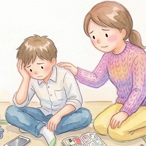 泣いている子どもに寄り添う母親のイラスト