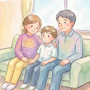 家庭でくつろぐ親子のイラスト