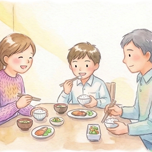 家族で食卓を囲むイラスト