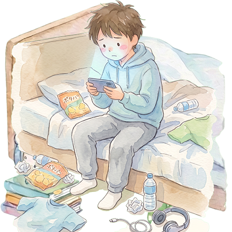 夜中にスマホを操作する子どものイラスト