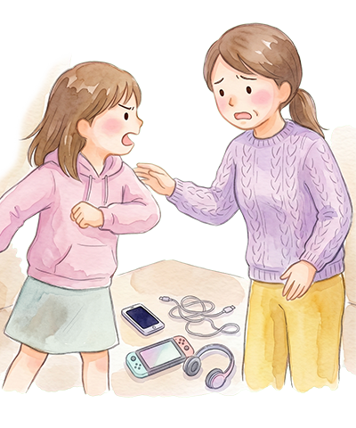 スマホ取り上げで親子が衝突するイラスト